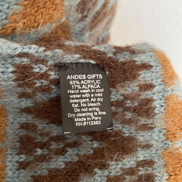 Andes Gifts Scarf Blue & Brown Alpaca Blend Wrap w Twisted Fringe Peru 56" x 6" - Picture 6 of 6